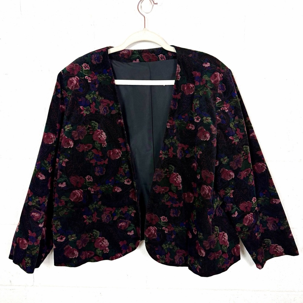 VTG‎ Corduroy Jacket Lined Boxy Open Eclectic Dark Floral Goth Romantic Indie 1X